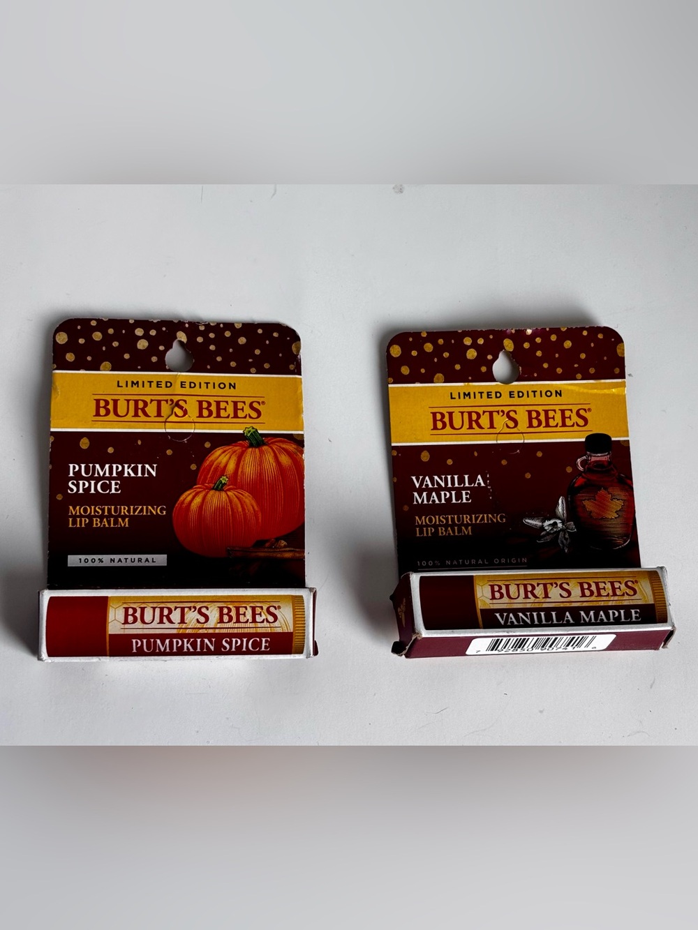 Burt’s Bees Limited Edition Pumpkin Spice + Vanilla Maple Lip Balm Set NEW